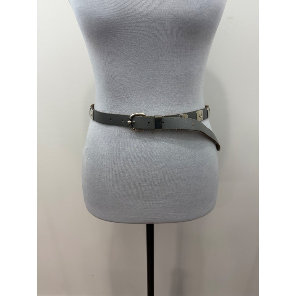 Gray Leather Studded Skinny Belt Silver Square Studs Metal Tip 38 Inch